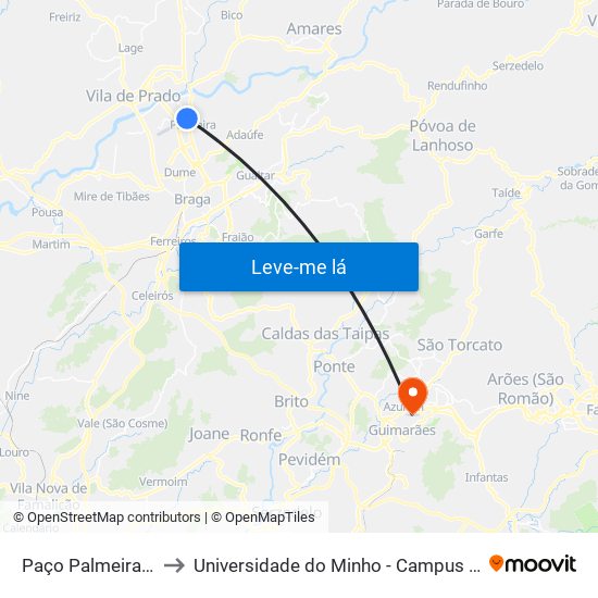 Paço Palmeira (Securitas) to Universidade do Minho - Campus de Azurém / Guimarães map