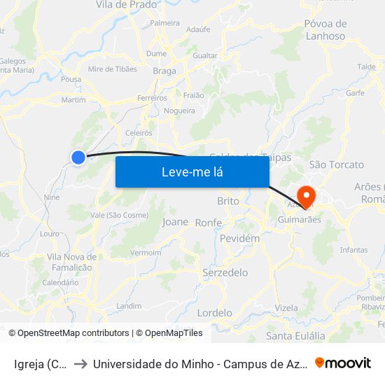 Igreja (Cunha) to Universidade do Minho - Campus de Azurém / Guimarães map