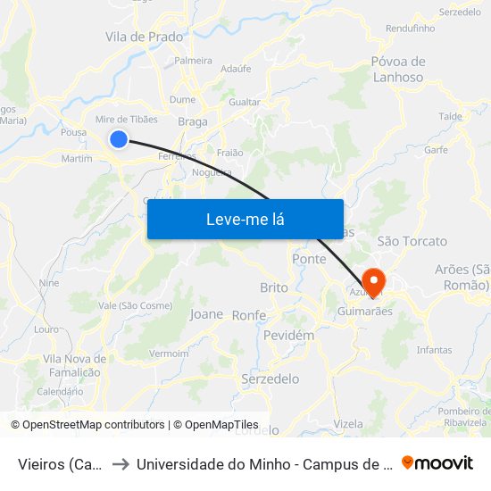 Vieiros (Cabreiros) to Universidade do Minho - Campus de Azurém / Guimarães map