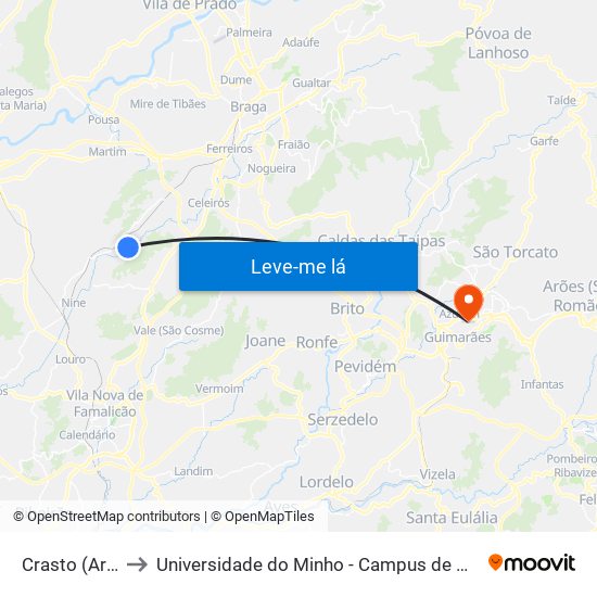 Crasto (Arentim) to Universidade do Minho - Campus de Azurém / Guimarães map