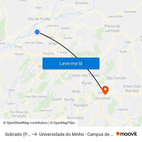 Sobrado (Panoias) to Universidade do Minho - Campus de Azurém / Guimarães map