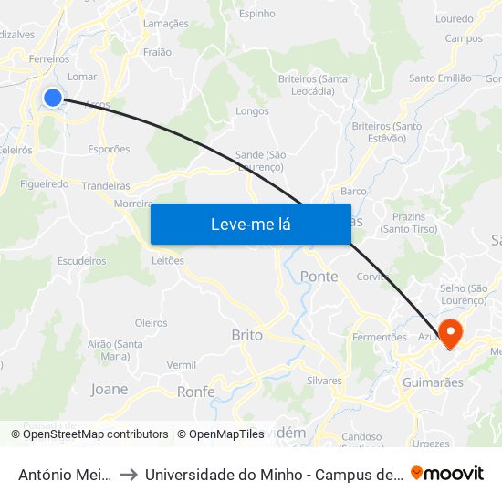António Meira Braga to Universidade do Minho - Campus de Azurém / Guimarães map