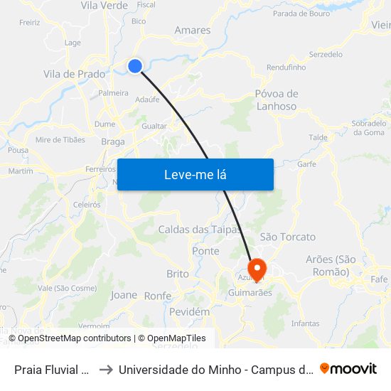 Praia Fluvial De Adaufe to Universidade do Minho - Campus de Azurém / Guimarães map