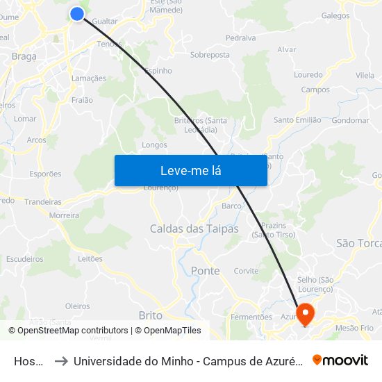 Hospital to Universidade do Minho - Campus de Azurém / Guimarães map