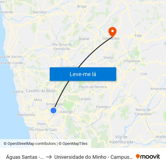 Águas Santas - Palmilheira to Universidade do Minho - Campus de Azurém / Guimarães map