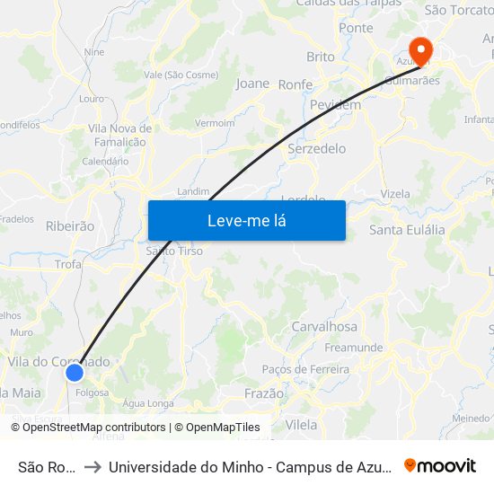 São Romão to Universidade do Minho - Campus de Azurém / Guimarães map