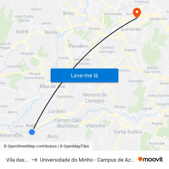 Vila das Aves to Universidade do Minho - Campus de Azurém / Guimarães map