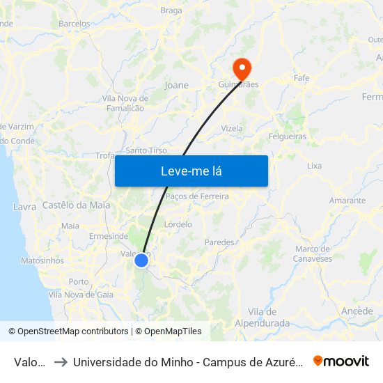 Valongo to Universidade do Minho - Campus de Azurém / Guimarães map