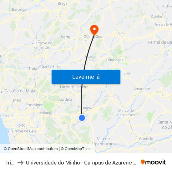 Irivo to Universidade do Minho - Campus de Azurém / Guimarães map