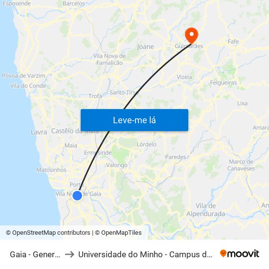 Gaia - General Torres to Universidade do Minho - Campus de Azurém / Guimarães map