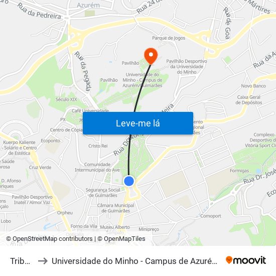 Tribunal to Universidade do Minho - Campus de Azurém / Guimarães map