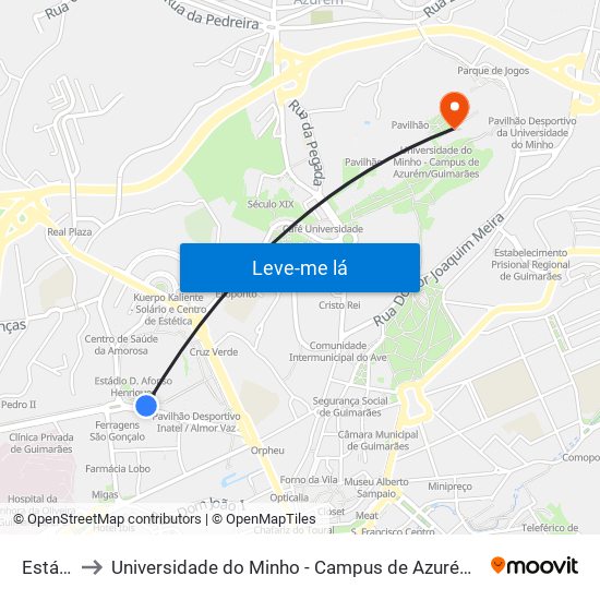 Estádio to Universidade do Minho - Campus de Azurém / Guimarães map