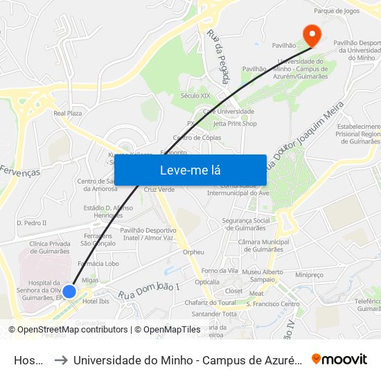 Hospital to Universidade do Minho - Campus de Azurém / Guimarães map