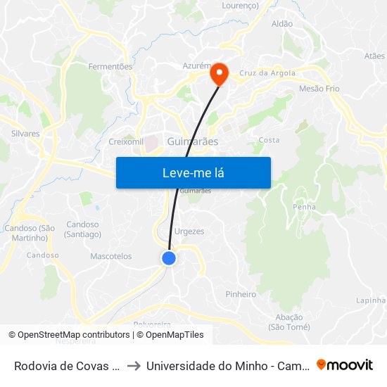 Rodovia de Covas (Covas (Estação)) to Universidade do Minho - Campus de Azurém / Guimarães map