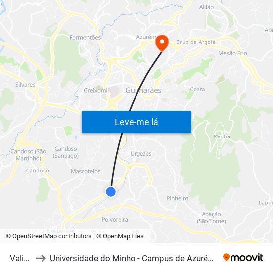 Valinha to Universidade do Minho - Campus de Azurém / Guimarães map