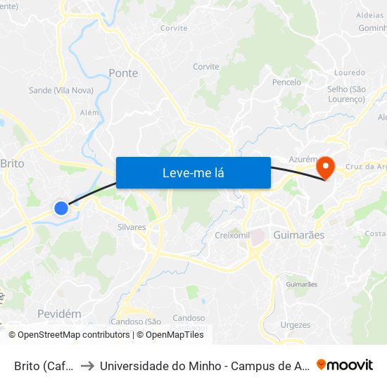 Brito (Café Taxi) to Universidade do Minho - Campus de Azurém / Guimarães map