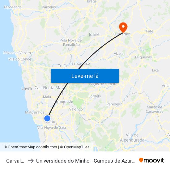 Carvalhido to Universidade do Minho - Campus de Azurém / Guimarães map