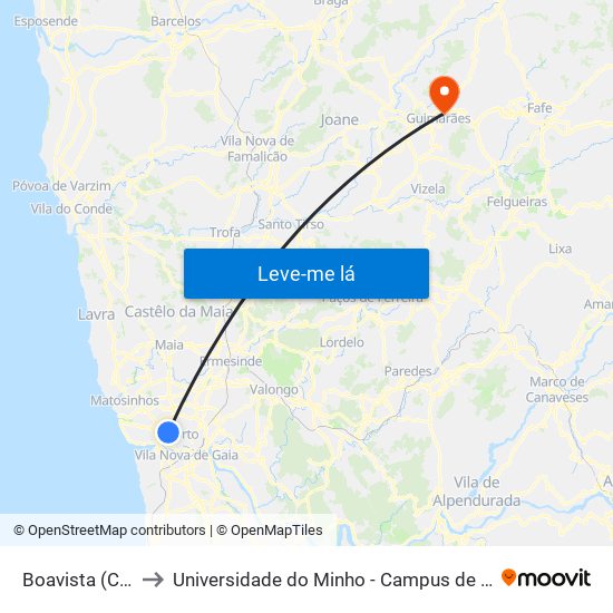 Boavista (Correios) to Universidade do Minho - Campus de Azurém / Guimarães map