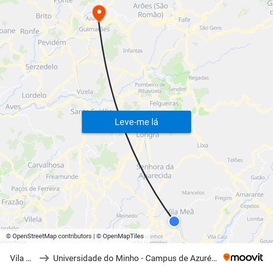 Vila Meã to Universidade do Minho - Campus de Azurém / Guimarães map