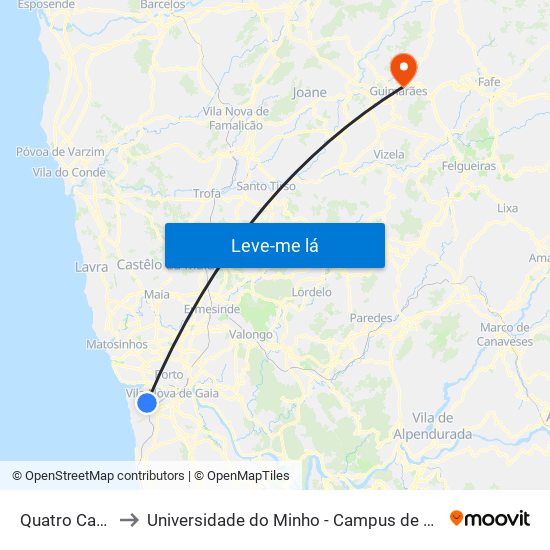 Quatro Caminhos to Universidade do Minho - Campus de Azurém / Guimarães map