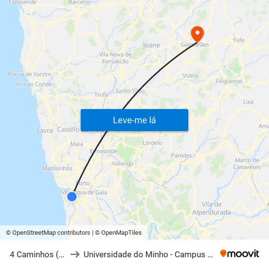 4 Caminhos (R. Bélgica) to Universidade do Minho - Campus de Azurém / Guimarães map