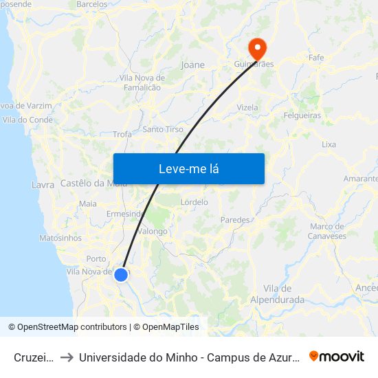 Cruzeiro 2 to Universidade do Minho - Campus de Azurém / Guimarães map