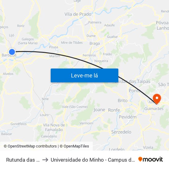 Rutunda das Calçadas to Universidade do Minho - Campus de Azurém / Guimarães map