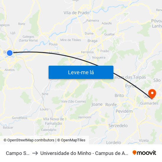 Campo S. José to Universidade do Minho - Campus de Azurém / Guimarães map