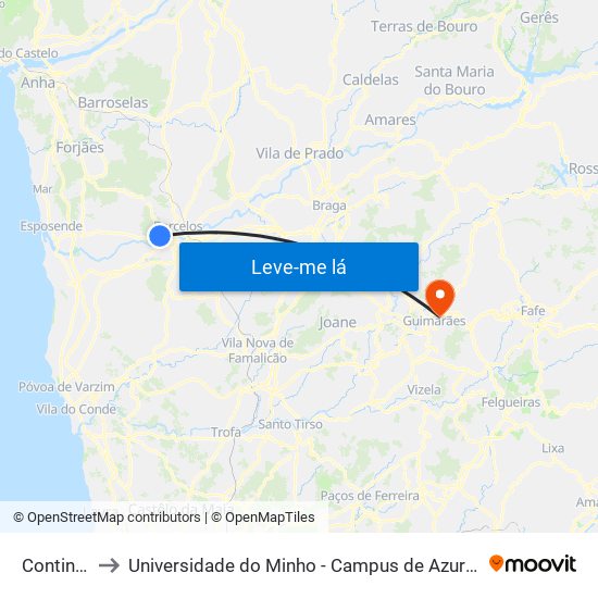 Continente to Universidade do Minho - Campus de Azurém / Guimarães map