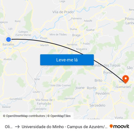 Olival to Universidade do Minho - Campus de Azurém / Guimarães map