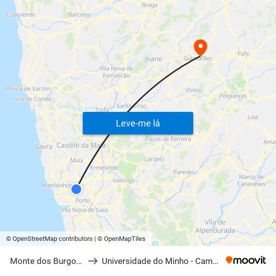 Monte dos Burgos (Circunvalação) to Universidade do Minho - Campus de Azurém / Guimarães map