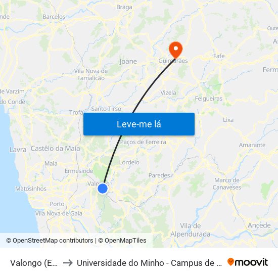 Valongo (Estação) to Universidade do Minho - Campus de Azurém / Guimarães map