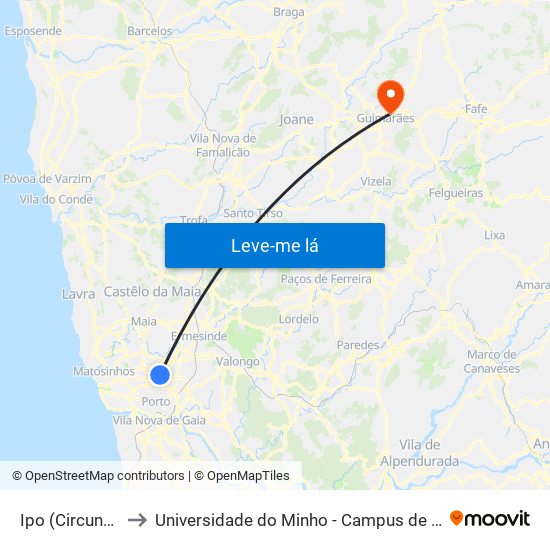 Ipo (Circunvalação) to Universidade do Minho - Campus de Azurém / Guimarães map