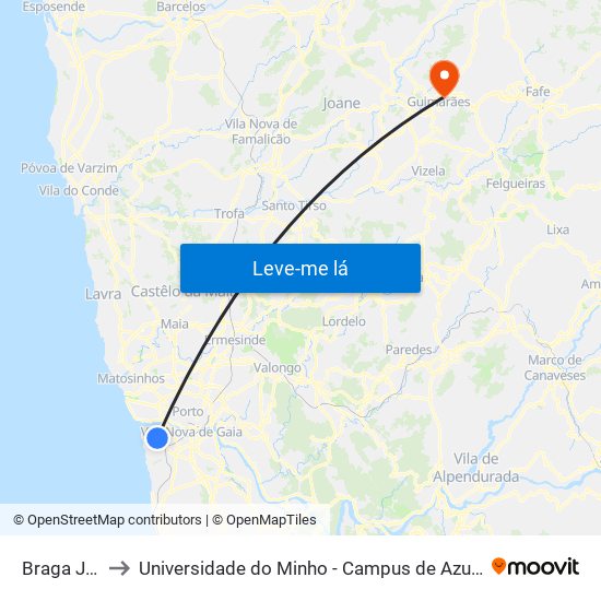 Braga Júnior to Universidade do Minho - Campus de Azurém / Guimarães map