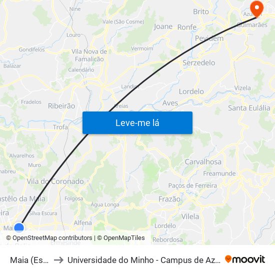 Maia (Estádio) to Universidade do Minho - Campus de Azurém / Guimarães map