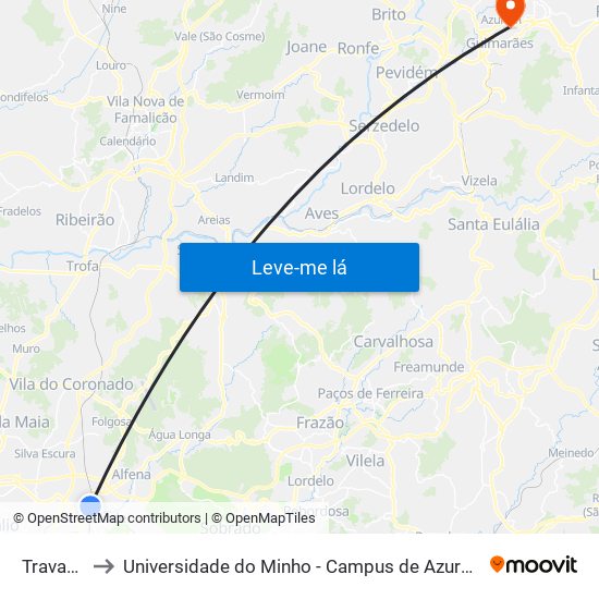Travagem to Universidade do Minho - Campus de Azurém / Guimarães map