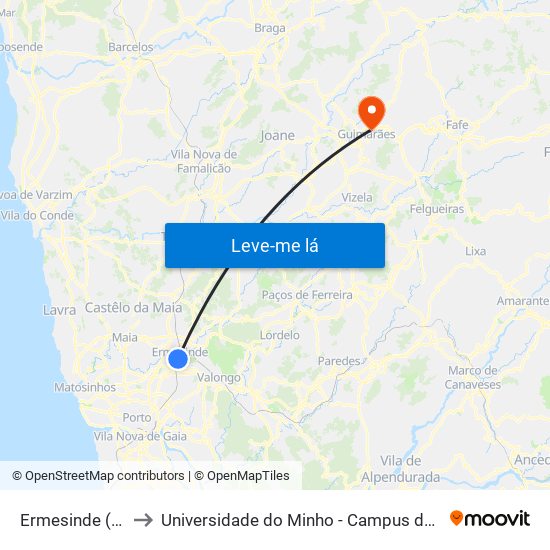 Ermesinde (Estação) to Universidade do Minho - Campus de Azurém / Guimarães map