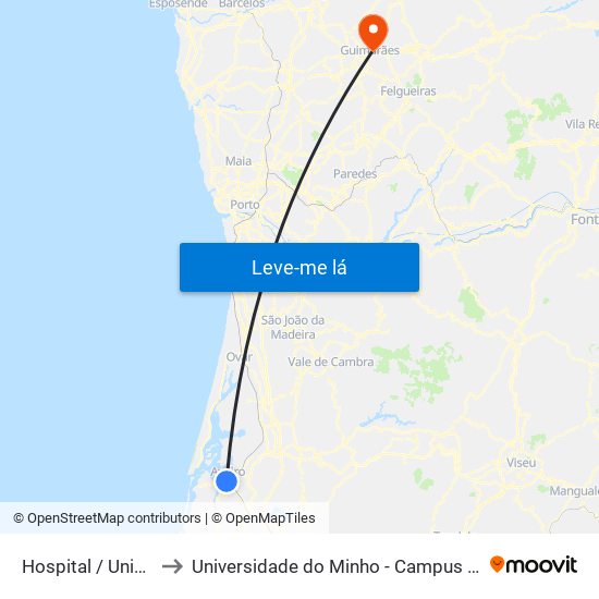 Hospital / Universidade A to Universidade do Minho - Campus de Azurém / Guimarães map