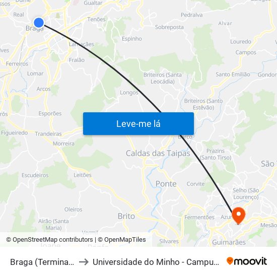 Braga (Terminal Rodoviário) to Universidade do Minho - Campus de Azurém / Guimarães map