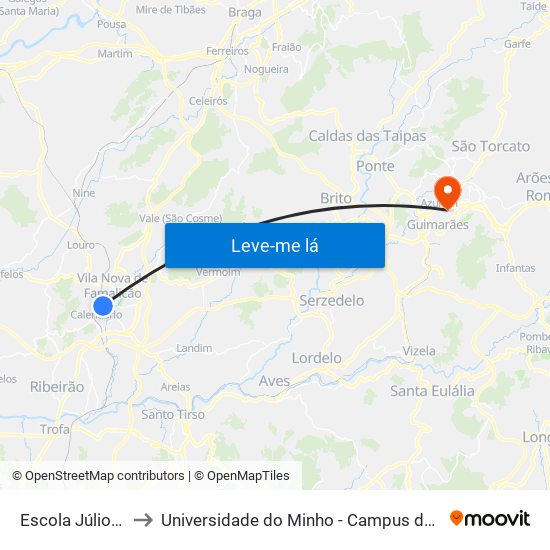 Escola Júlio Brandão to Universidade do Minho - Campus de Azurém / Guimarães map