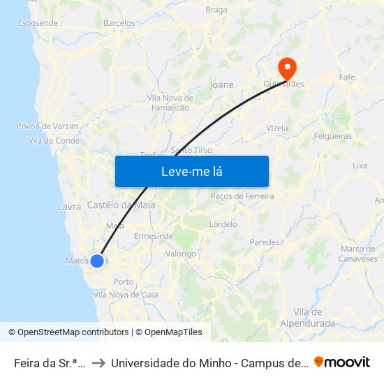 Feira da Sr.ª da Hora to Universidade do Minho - Campus de Azurém / Guimarães map