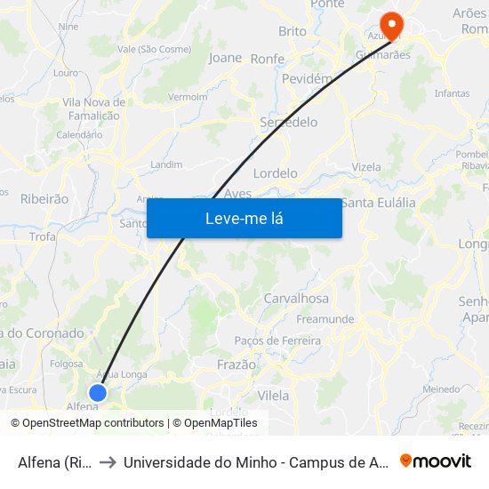 Alfena (Ribeiro) to Universidade do Minho - Campus de Azurém / Guimarães map