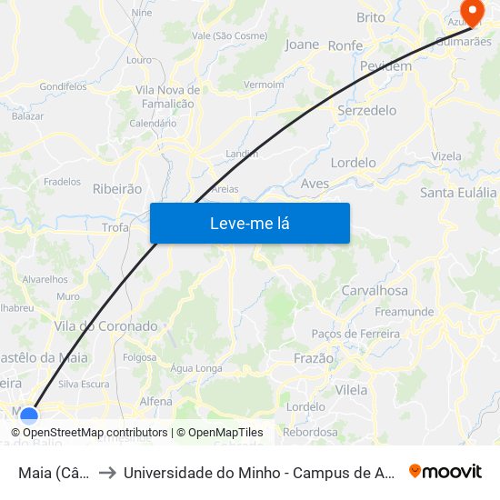 Maia (Câmara) to Universidade do Minho - Campus de Azurém / Guimarães map