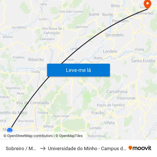 Sobreiro / Maia (Plaza) to Universidade do Minho - Campus de Azurém / Guimarães map