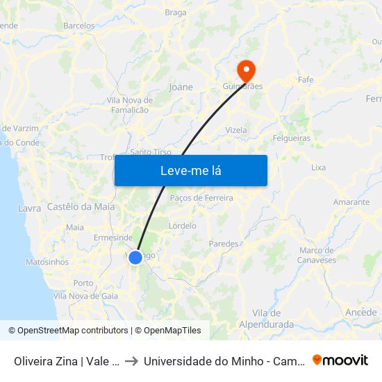 Oliveira Zina | Vale Achas | Vale Chãs to Universidade do Minho - Campus de Azurém / Guimarães map