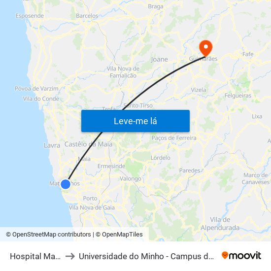 Hospital Matosinhos to Universidade do Minho - Campus de Azurém / Guimarães map