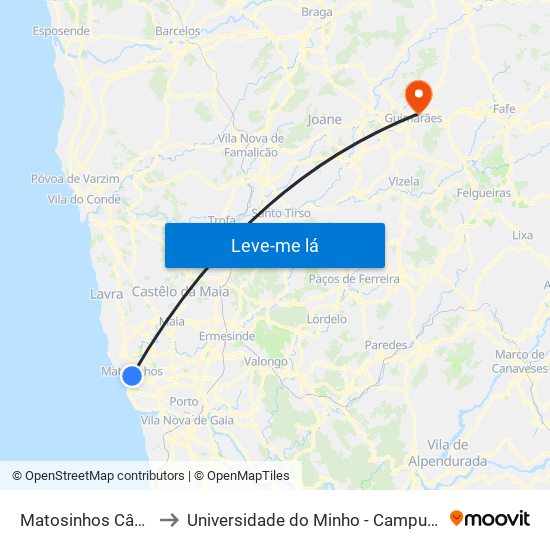 Matosinhos Câmara (Matc1) to Universidade do Minho - Campus de Azurém / Guimarães map