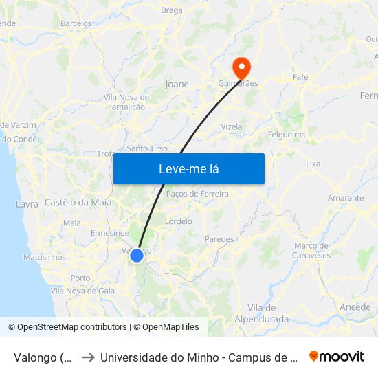 Valongo (Centro) to Universidade do Minho - Campus de Azurém / Guimarães map