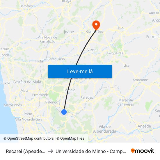 Recarei (Apeadeiro Terronhas) to Universidade do Minho - Campus de Azurém / Guimarães map