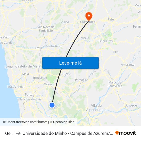 Gens to Universidade do Minho - Campus de Azurém / Guimarães map